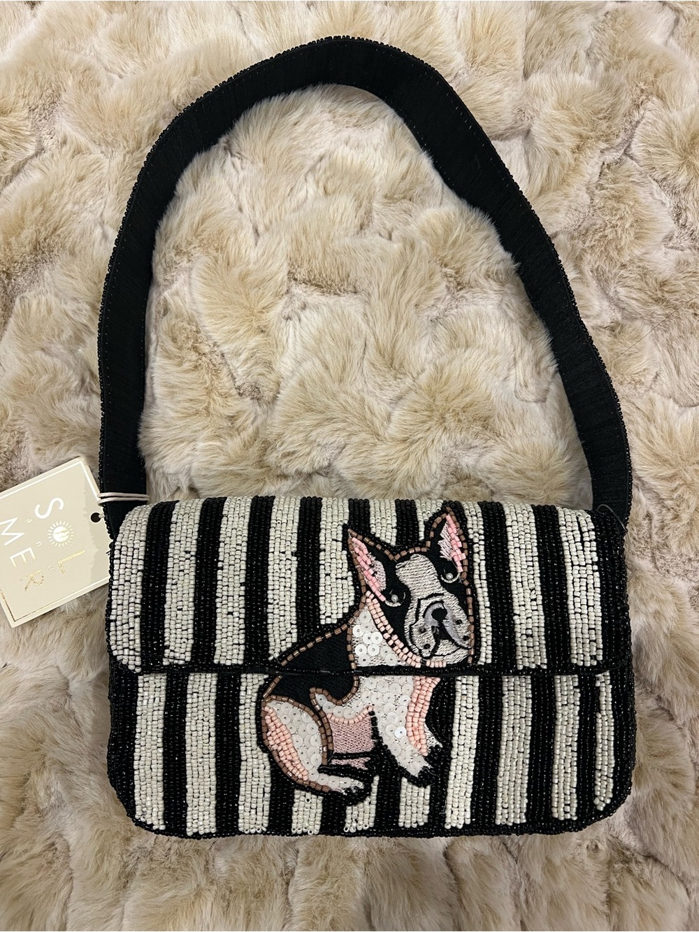 NWT Beaded Black & White Stripe Shoulder Bag with French Bulldog Motif